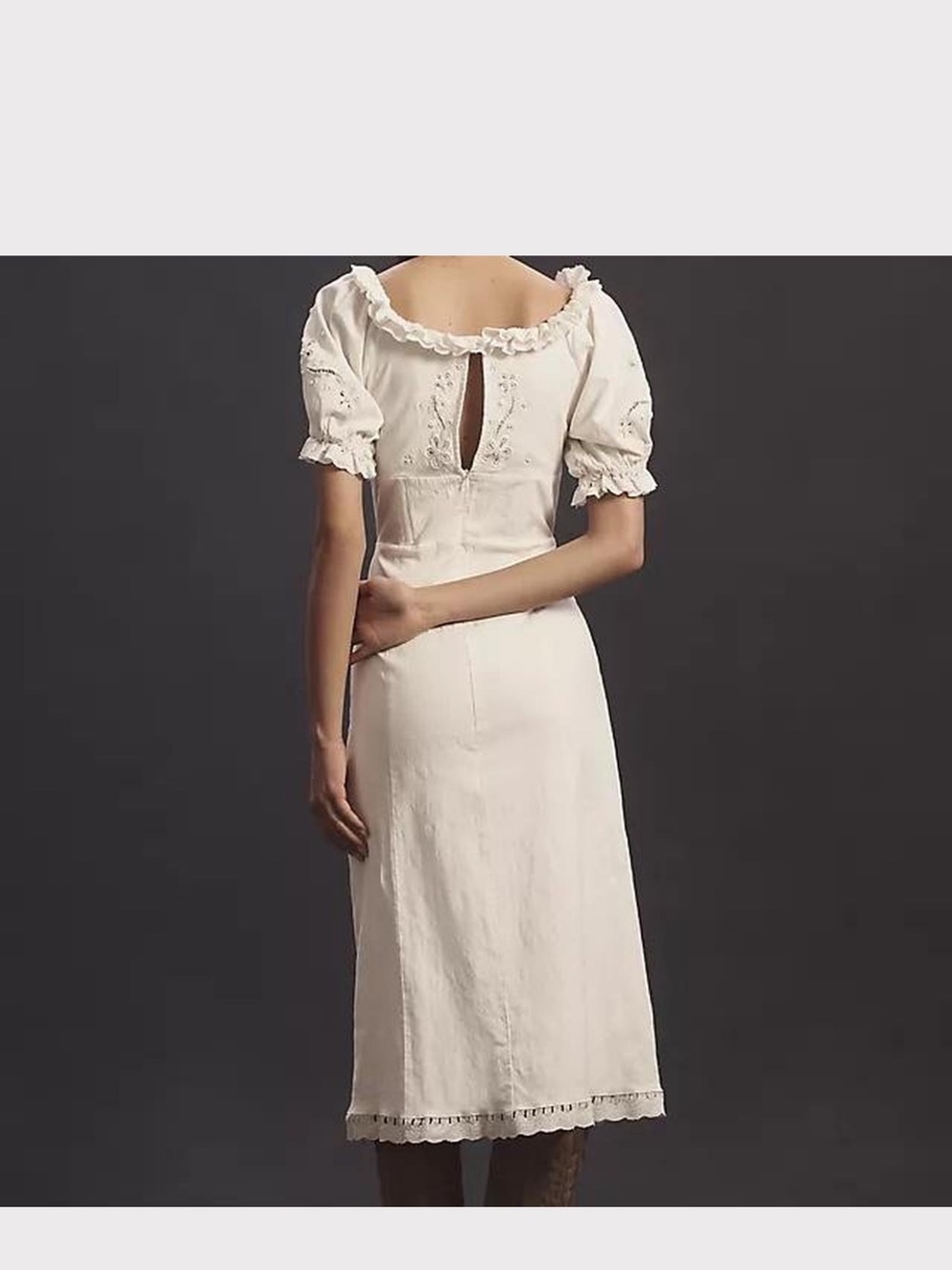 Anthropologie Cream Lace-Trim Midi Dress with Puff Sleeves - Picture 2 of 4